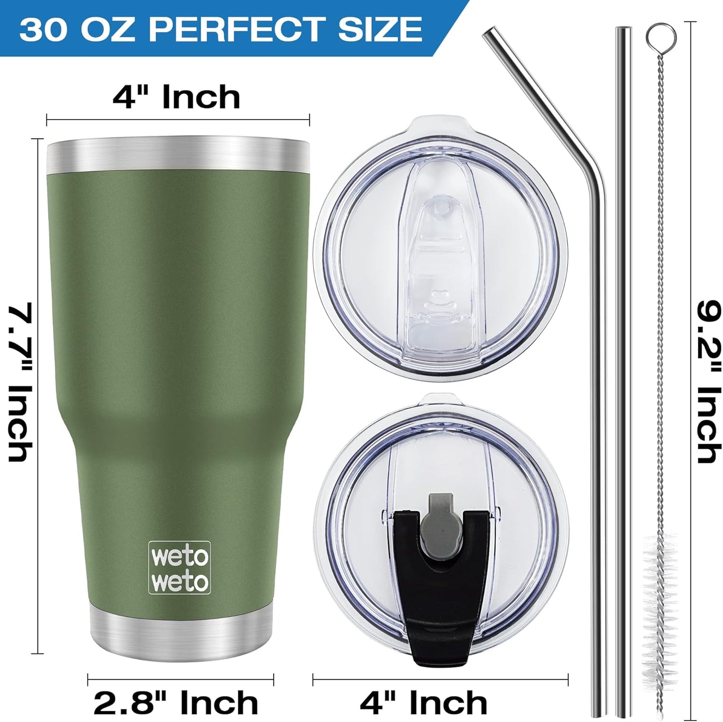 WETOWETO 30oz Stainless Steel Tumbler, Insulated Coffee Tumbler Cup with 2 Lids and 2 Straws, Double Walled Travel Coffee Mug for Hot & Cold Drinks (Army Green, 1 Pack)
