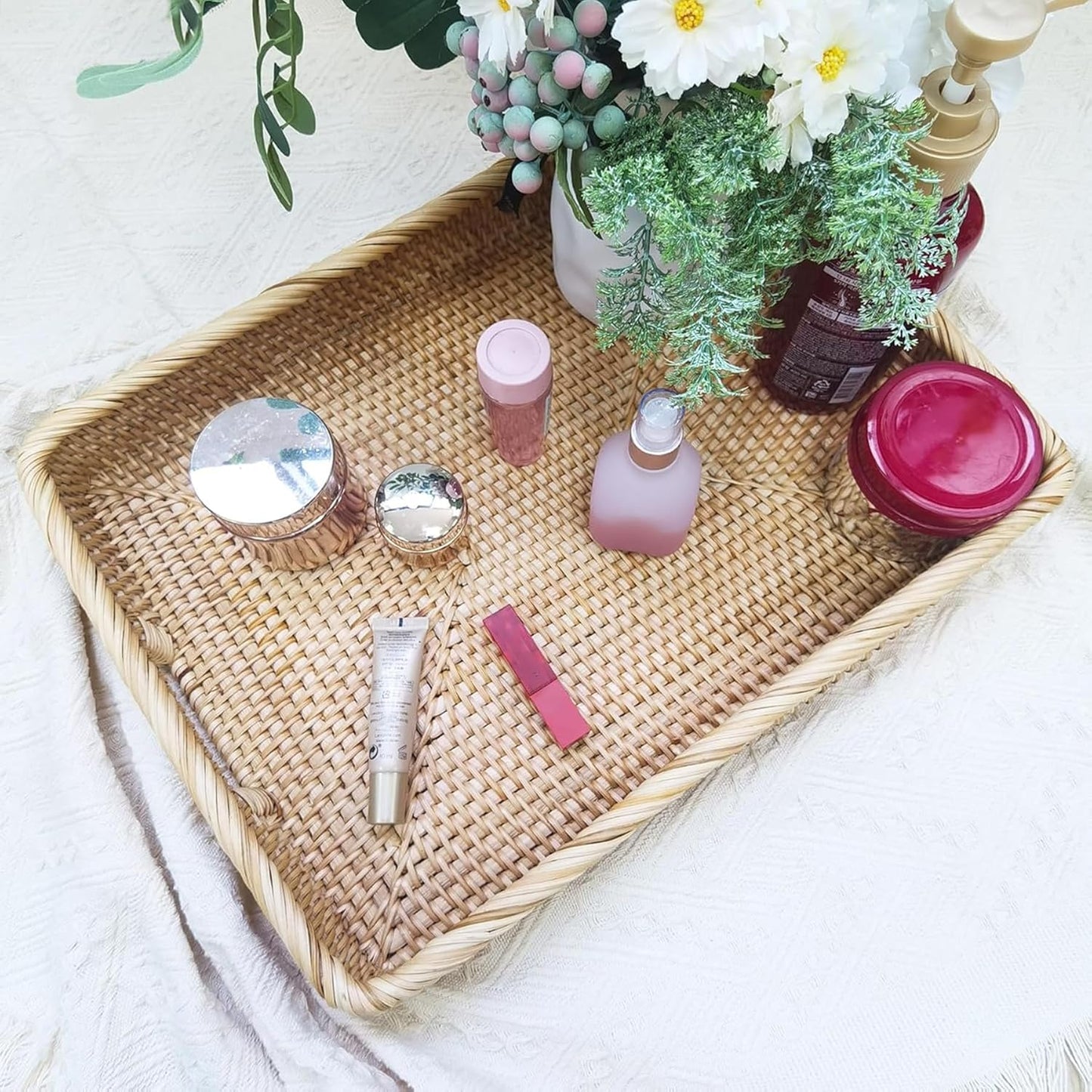 i-lan 17Inch Large Rectangle Rattan Serving Tray with Handles-Natural Wicker Breakfast Coffee Drinks Serving Platter,Kitchen Tabletop Decorative Serving Tray for Fruit,Vegetables and Snacks