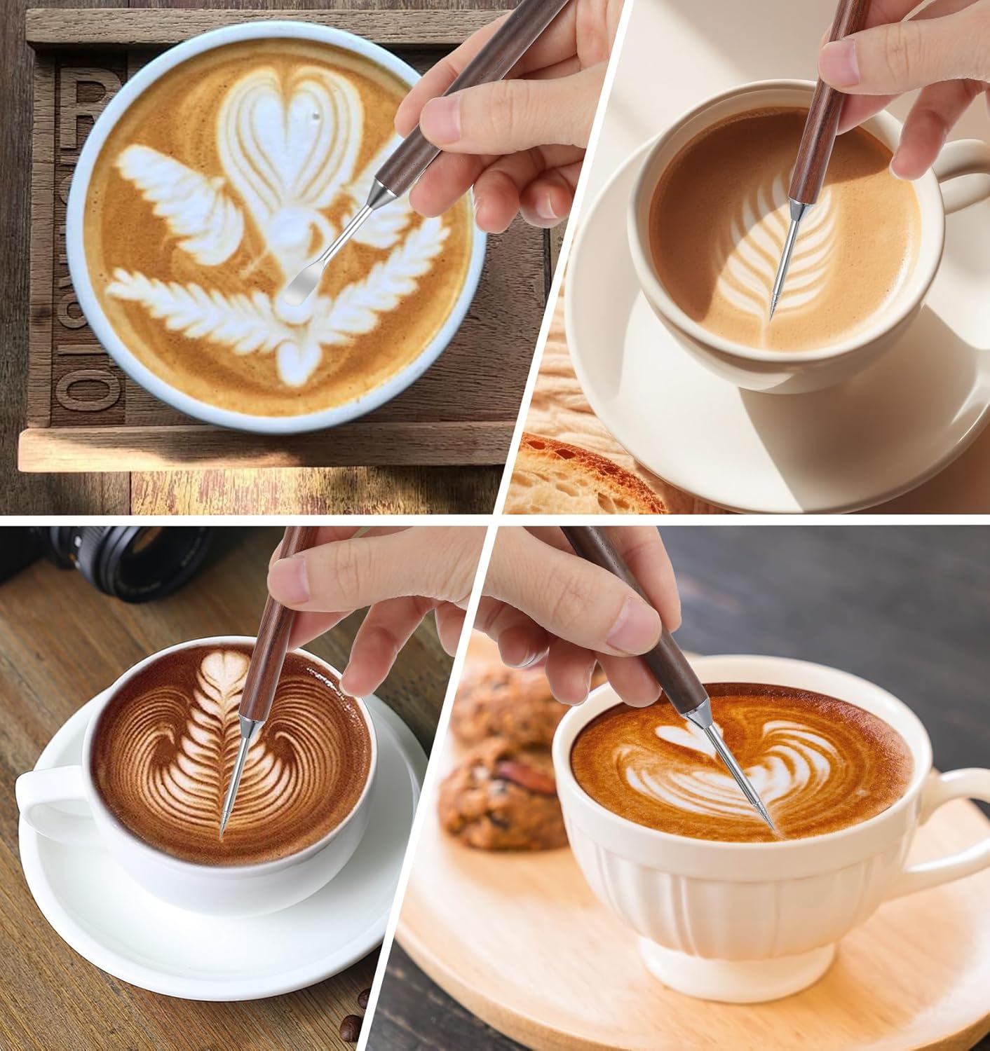 Latte Art Pens, 2-Pack Stainless Steel Latte Art Pen Barista Tools with Wooden Handle, Double-Ended Barista Accessories for Professional Coffee Drawing, Home & Cafe Use