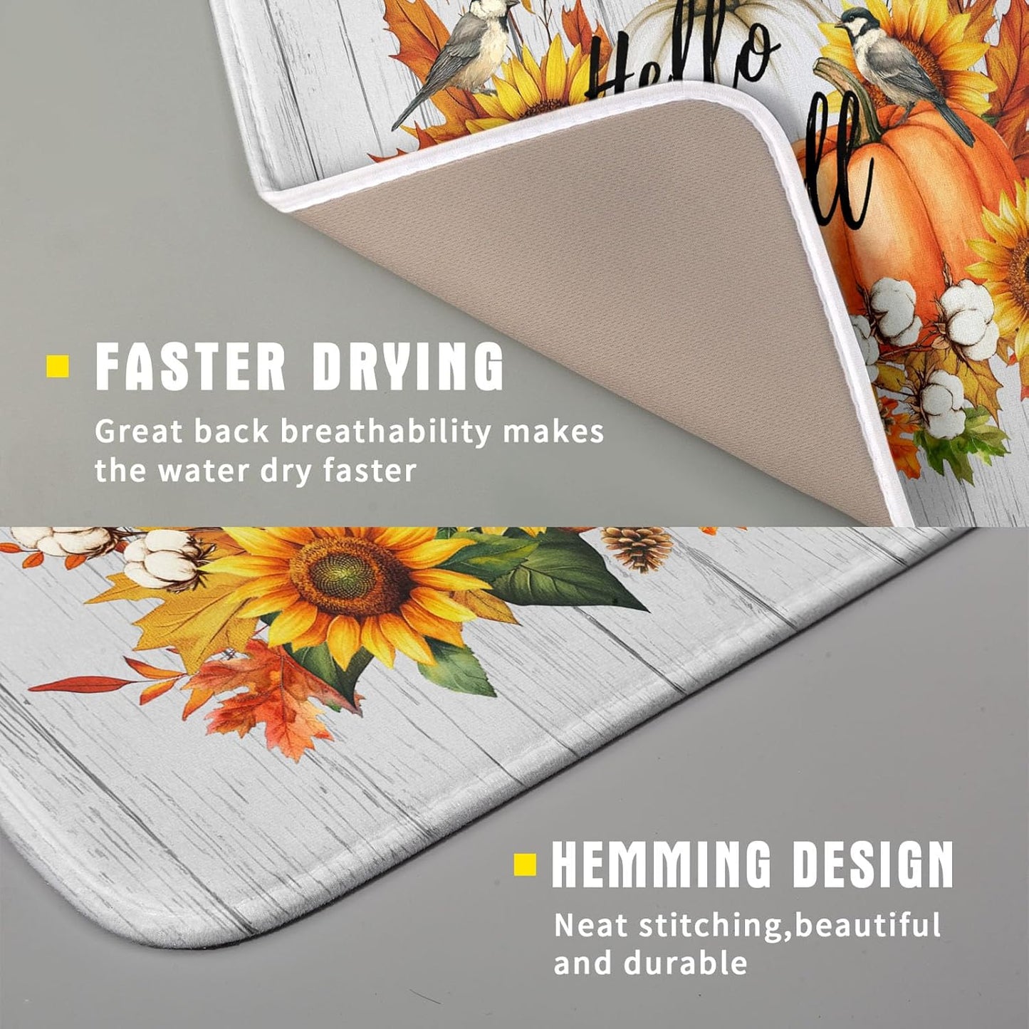 Hello Fall Sunflowers Dish Drying Mat for Kitchen Counter,Autumn Pumpkin Maple Leaves Drying Mat 16 x 18 Inch with High Absorbent Microfiber Dish Drying Drainer Mat for Coffee Bar