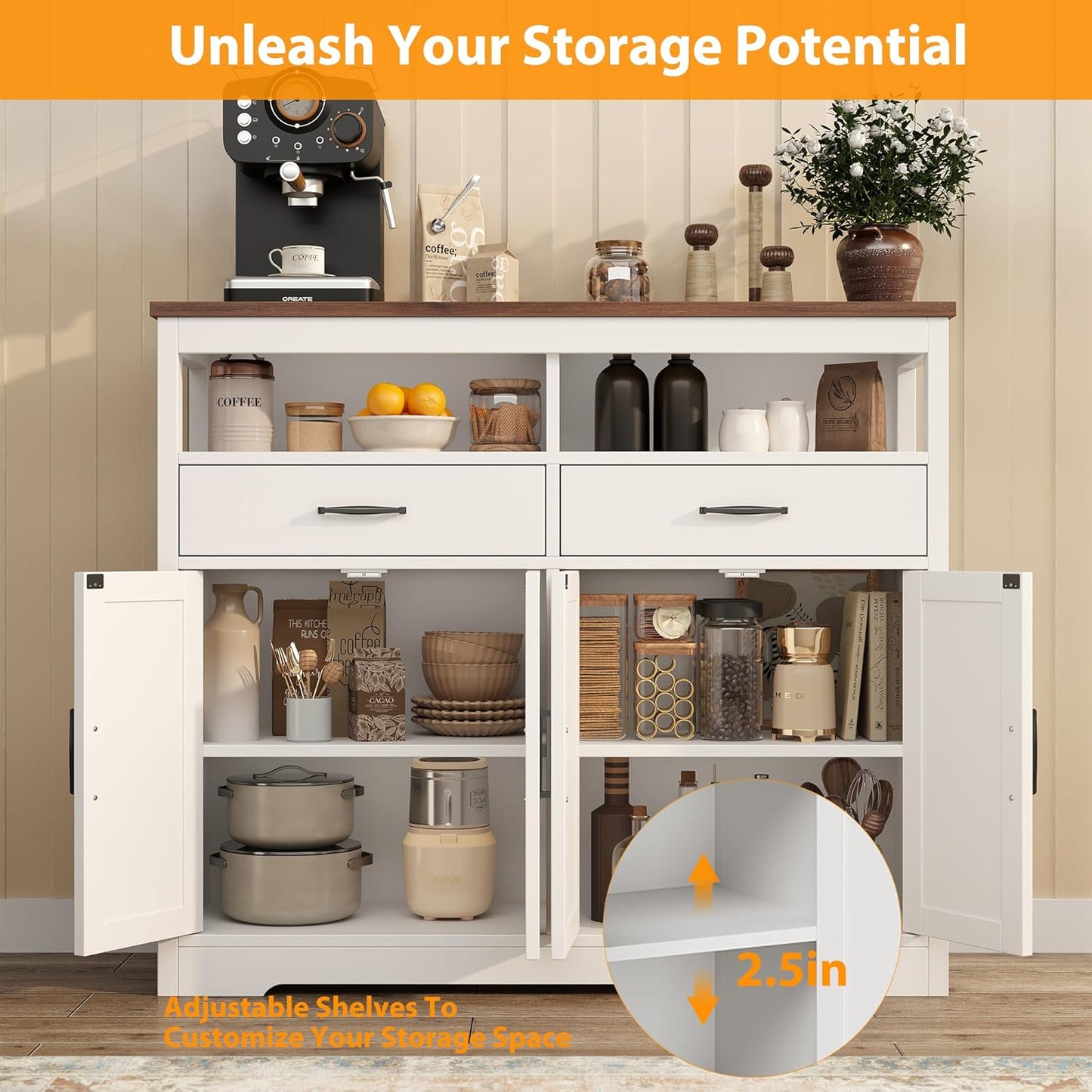 Buffet Sideboard with Storage Farmhouse with 4 Doors, 47'' Large Kitchen Storage Cabinet Wood Coffee Bar Cabinet Buffet Table with Shelves for Kitchen, Dining Room, Entryway