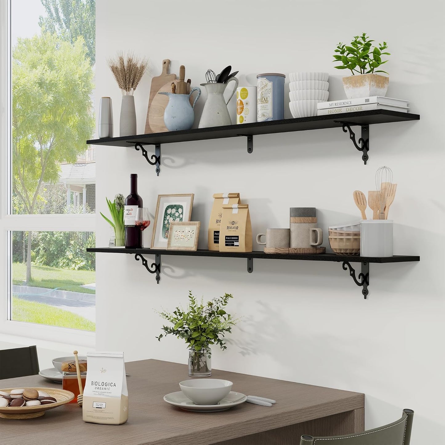 RICHFOCUS Floating Shelves for Wall Decor, 55.1W x 8D Wall Shelves Set of 2, 8 Inch Deep Rustic Wood Shelves Wall Mounted with Brackets, Long Floating Shelves for Living Room Bedroom Kitchen, Black