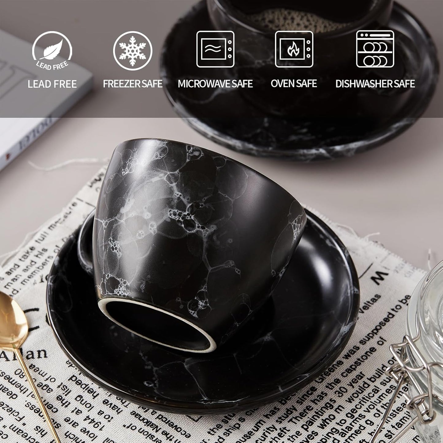 SIDUCAL Espresso Cups Set of 4,6 Ounce Ceramic Coffee Cups with Saucers,Porcelain Double Espresso Cup Set,Gift Box for Boyfriend Gift(Black)