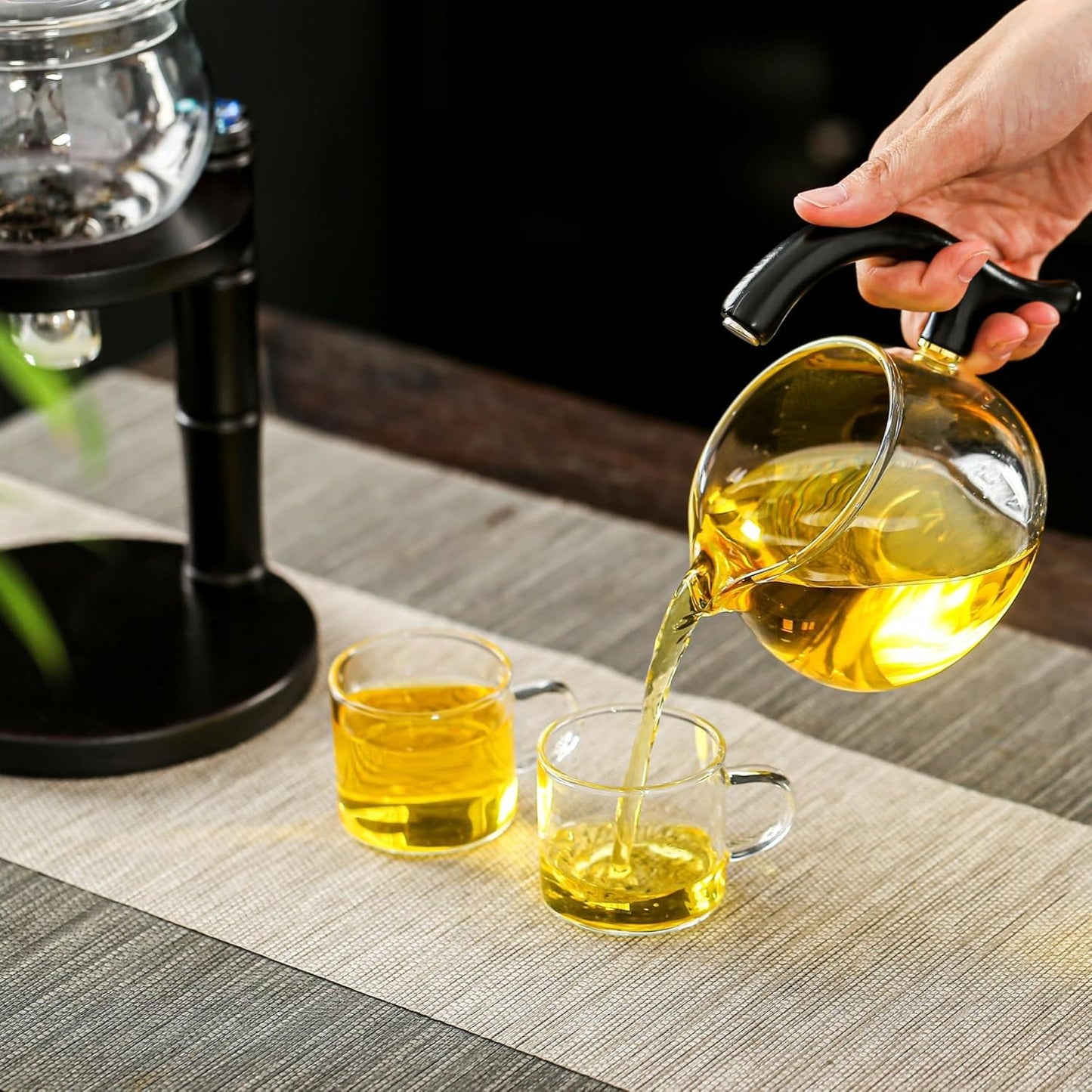 Glass Teapot Set with Infuser Semi Automatic Tea Set Magic Teapot (Bamboo - black)