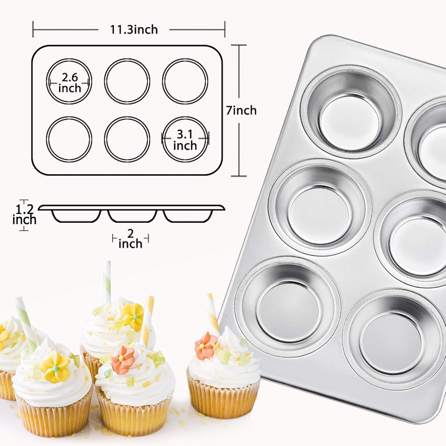 TeamFar 2 Packs Muffin Pan, Stainless Steel Muffin Cupcake Pan Tin Tray for Baking, for Mini Cakes/Tarts/Quiche, Healthy & Sturdy, Oven & Dishwasher Safe (6-Cup)