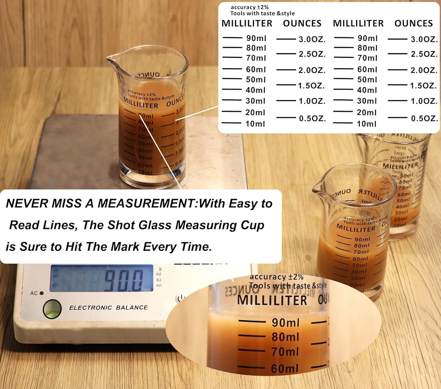 Ackers 3oz/90ml Glass Measuring Cup – Shot Glass with Double Scale-Ounce,Ml Markings for Kitchen & Bar(Pack of 2)