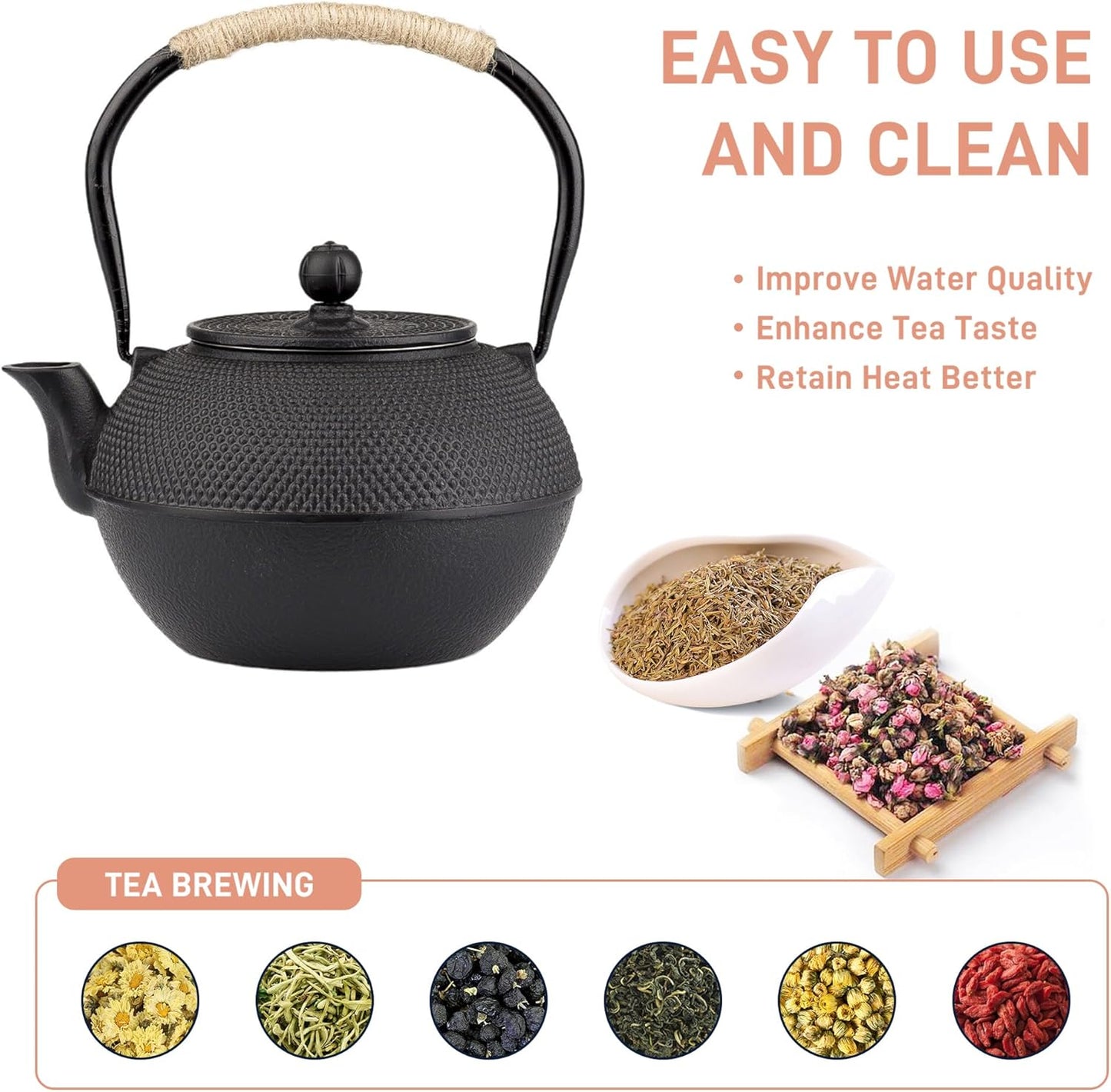 Small Tea Kettle, 40oz Tea Pot, Japanese Tetsubin, Cast Iron Teapot with Infuser for Stovetop Safe Coated with Enameled Interior (Black, 1200ml)