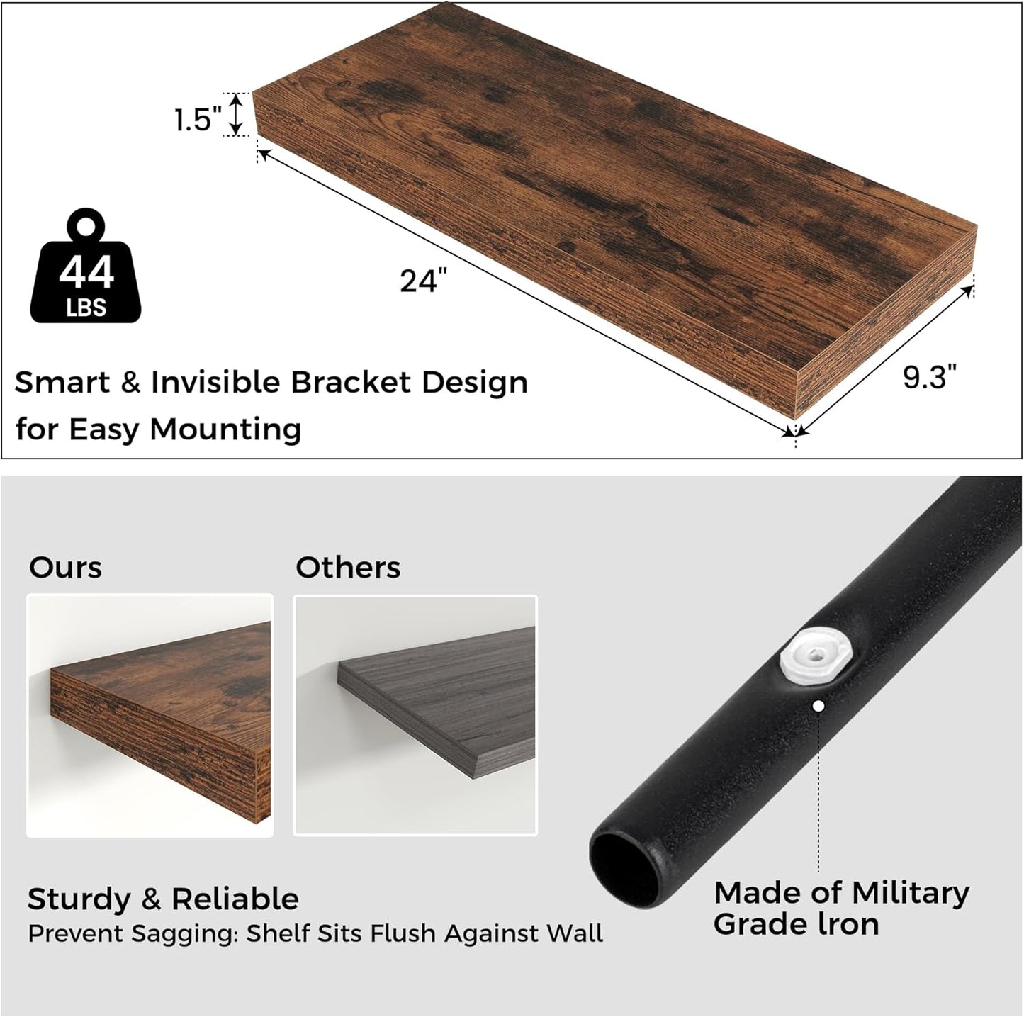 Floating Shelves - 2 Large Wall Mounted Shelves with Invisible Brackets, Long Wood Floating Wall Shelf for Living Room, Bedroom, Kitchen, (Brown, 24" W x 9" D x 1.5" H)