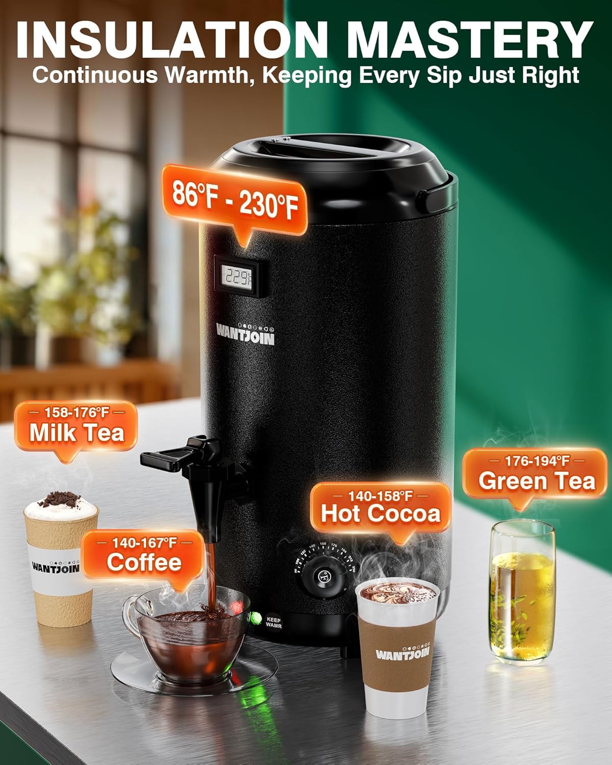 WantJoin Electric Heating Beverage Dispenser-75 Cup Hot&Cold water Urn-Stainless Steel Premium 12 L/3.2 Gallon Hot Drink Dispenser with Spigot for Coffee & Hot tea,Cold Milk,Water,Juice(Black)