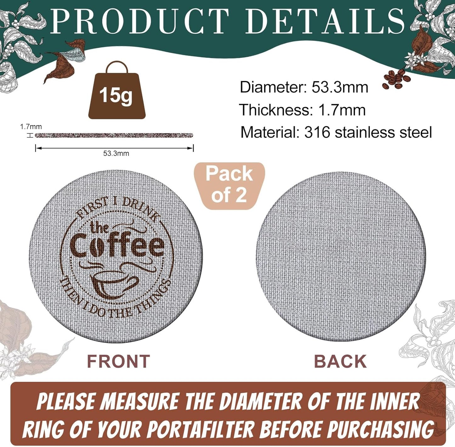 Yaomiao 2 Pieces 53.3mm Espresso Puck Screen, 1.7mm Thickness 150 Micrometre Reusable Barista Espresso Screen Stainless Steel Coffee Filter Mesh Plate for Bottomless Portafilter Filter Basket