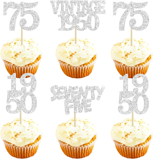 Gyufise 24Pcs 75th Birthday Cupcake Toppers Glitter Cheers to 75 Fabulous Seventy Five Vintage 1950 Cupcake Picks 75th Birthday Wedding Anniversary Party Cake Decorations Supplies Silver