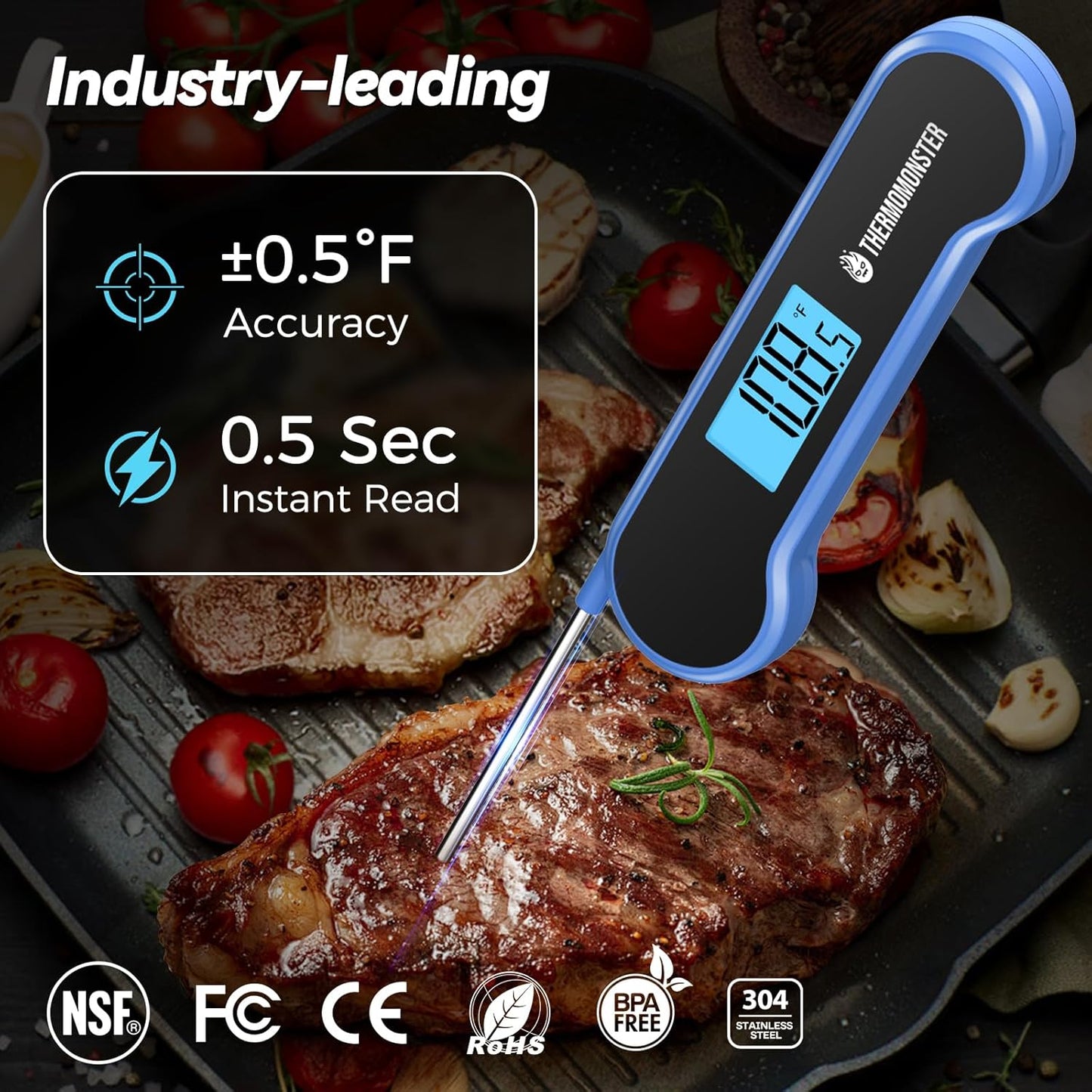 0.5 Sec Instant Read Meat Thermometer Digital with ±0.5℉ Precision, 100% Waterproof Auto Flip Bright LCD Screen, Motion Sensing Food Thermometer for Cooking Kitchen Oven Grill Candy BBQ, Blue