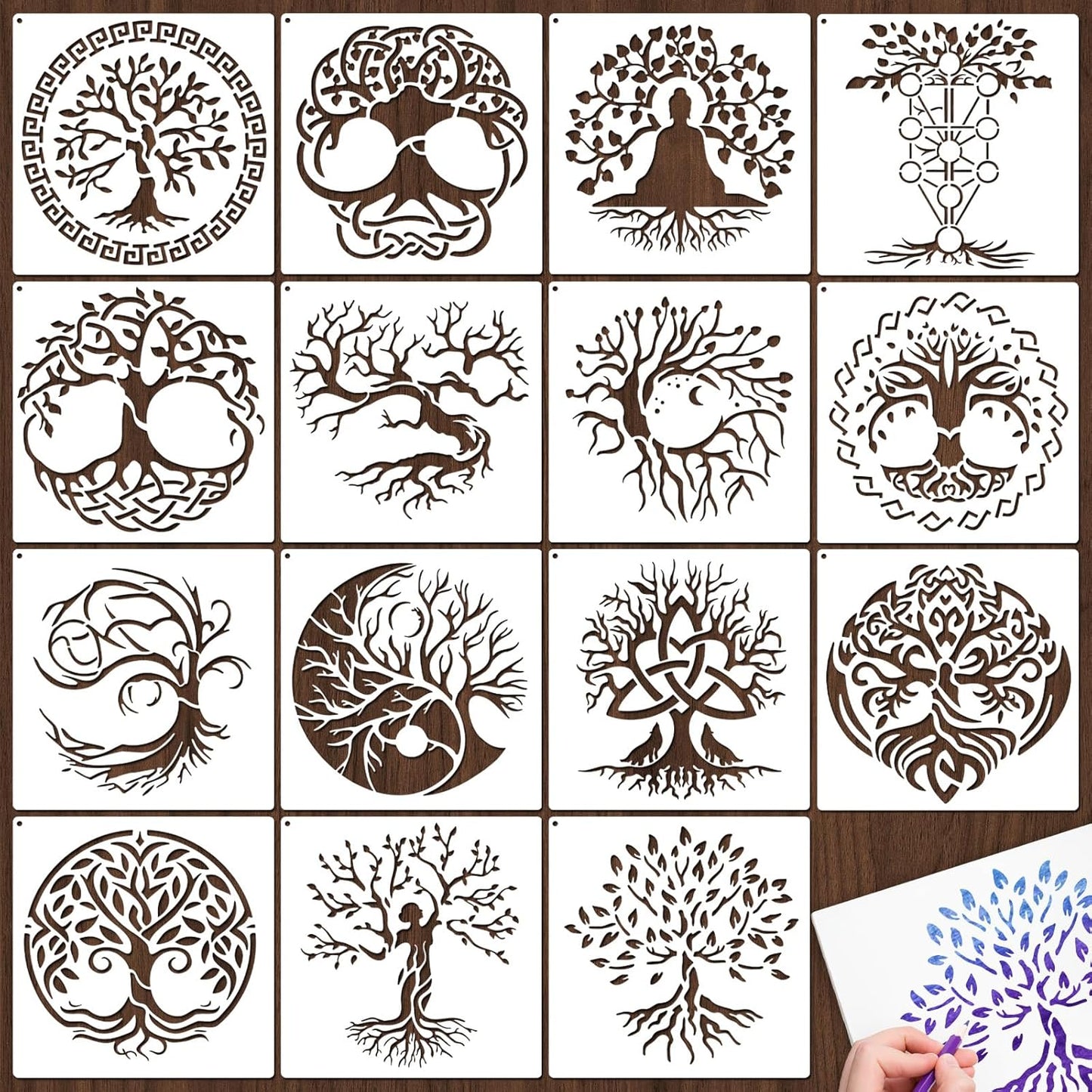 Yazhiji 15Pcs 6 x 6 Inch Tree of Life Stencil, Reusable Stencils for Painting on Wood Decoration Painting Templates for Wall Floor DIY Decorations Christmas Gifts for Kids