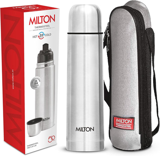 Milton Thermosteel Flip Lid 750, Double Walled Vacuum Insulated Thermos 750 ml | 25 oz | 24 Hours Hot and Cold Water Bottle with Cover, Stainless Steel, BPA Free, Leak Proof | Silver