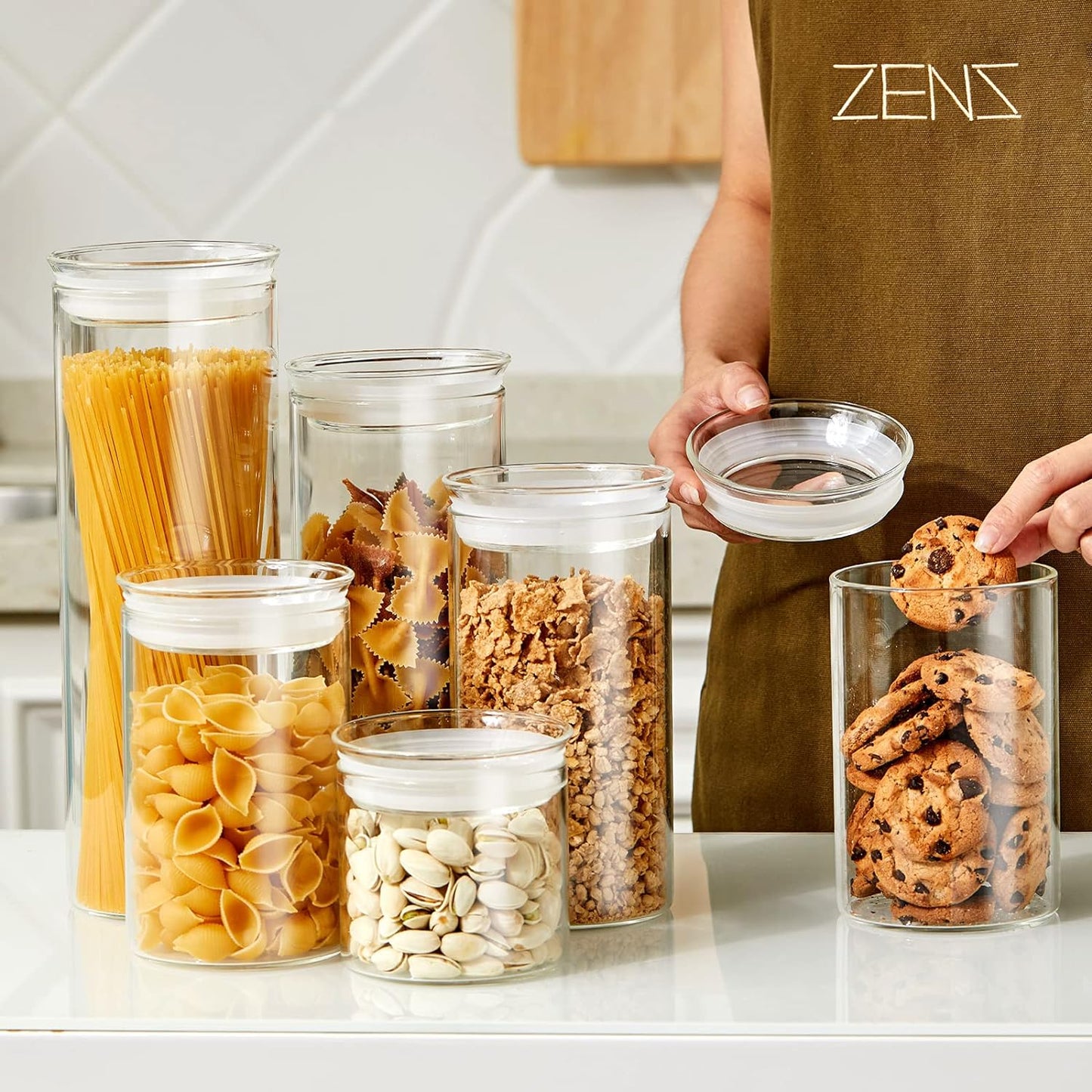 ZENS Glass Spaghetti Pasta Storage Container with Lids Set of 2, 65oz Tall Clear Airtight Food Storage Jar Canisters for Kitchen Pantry Noodles Flour Cereal Coffee Beans