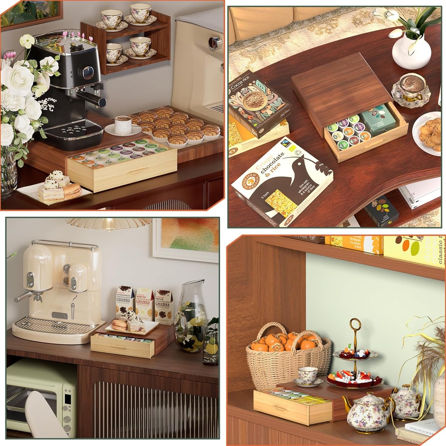 Wooden Kcup Holder for Counter,Tea and Nespresso Coffee Pod Storage Drawer,Nespresso K Cup Organizer,Keurig Pod Holder Organizer,Nespresso Coffee Bar Accessories