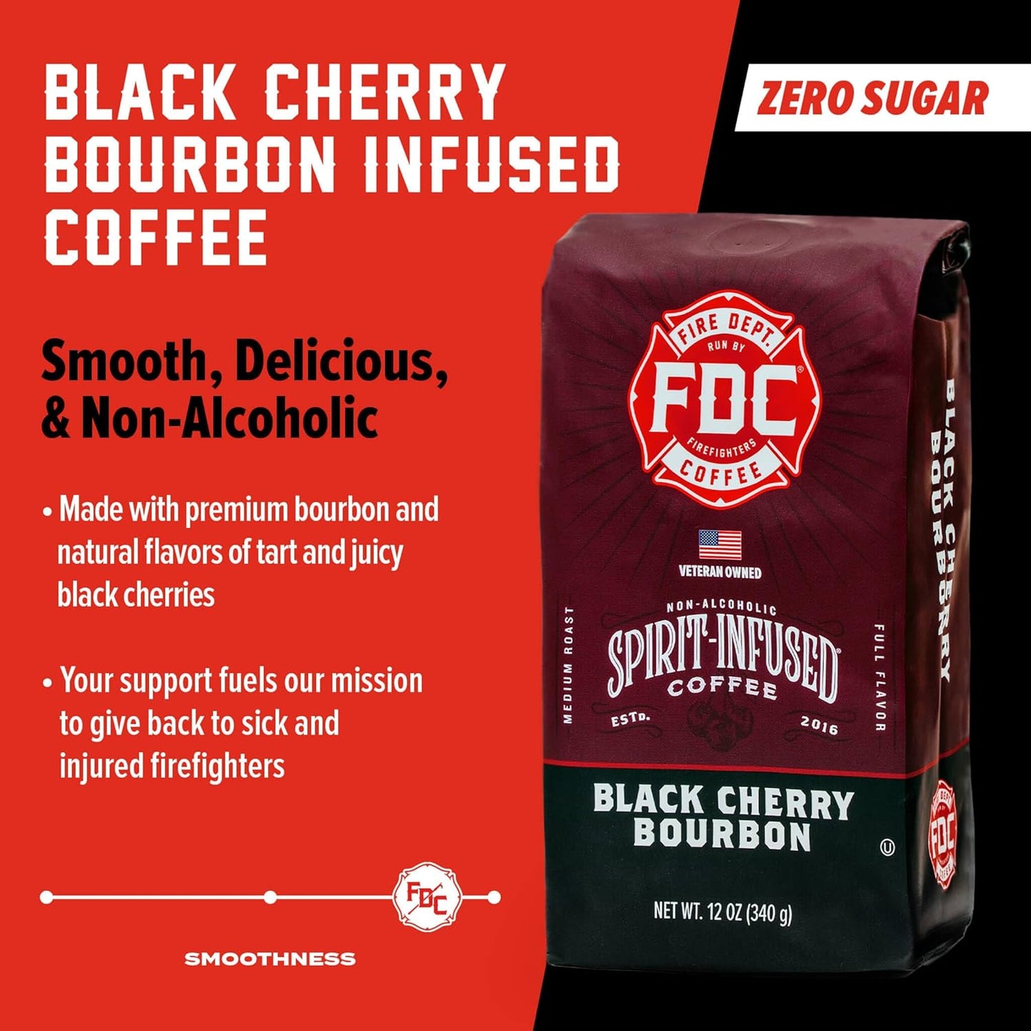 Fire Department Coffee - Black Cherry Bourbon Coffee - Gives Back to Firefighters - Premium Bourbon Infused Ground - Non-Alcoholic - Roasted in the USA - Veteran Owned - 12 oz