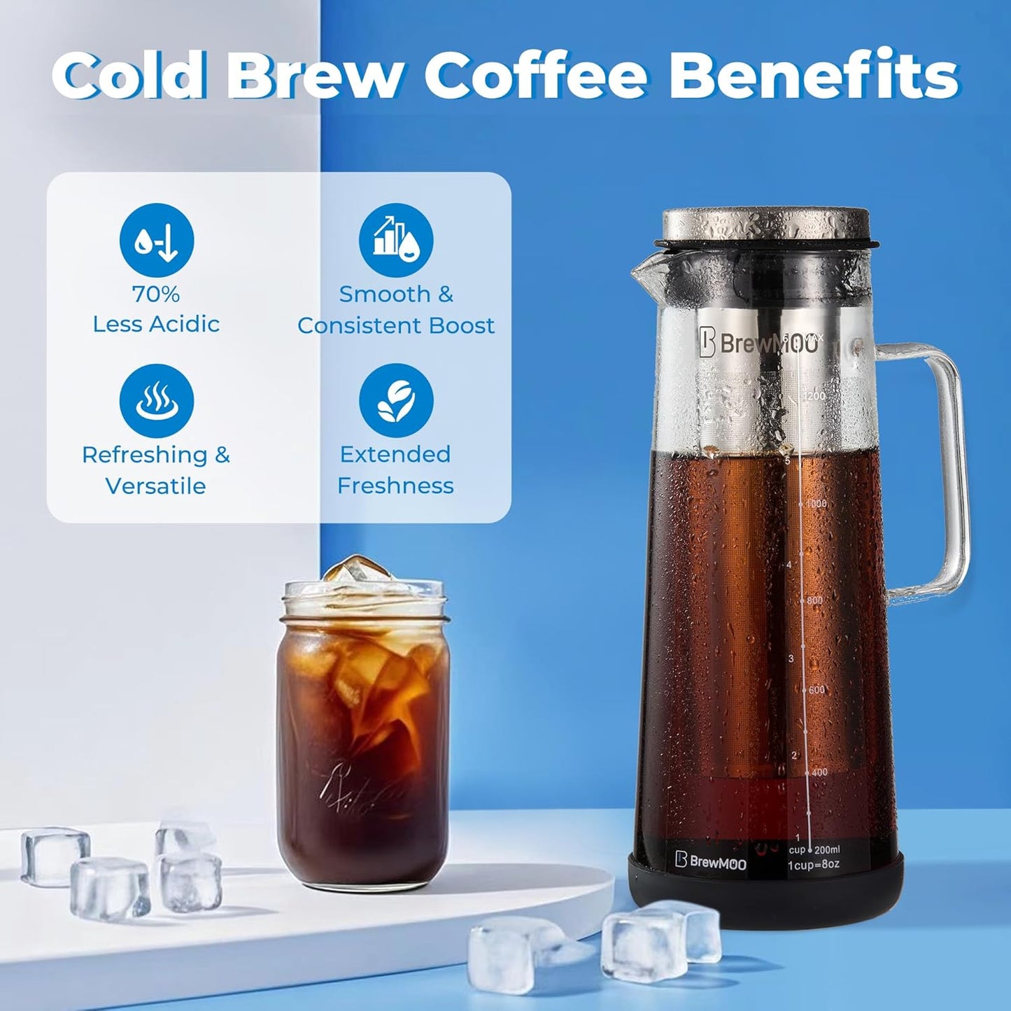 Cold Brew Coffee Maker (1.4L/48oz) - Sleek Borosilicate Glass Pitcher with 100um 304 Stainless Steel Filter, Non-Slip Base & Airtight Lid, Effortless Manual + Recipes for Beginner (Black)