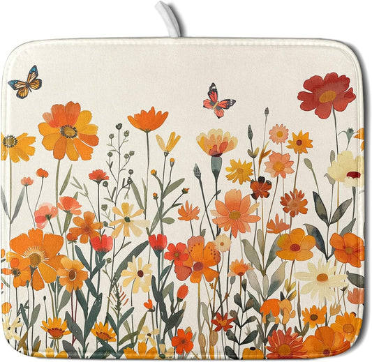 Fall Orange Wildflower Dish Drying Mat for Kitchen Counter,Autumn Floral Butterflies Drying Mat 16 x 18 Inch with Absorbent Reversible Microfiber Dish Drying Pad Dish Pad for Coffee Bar