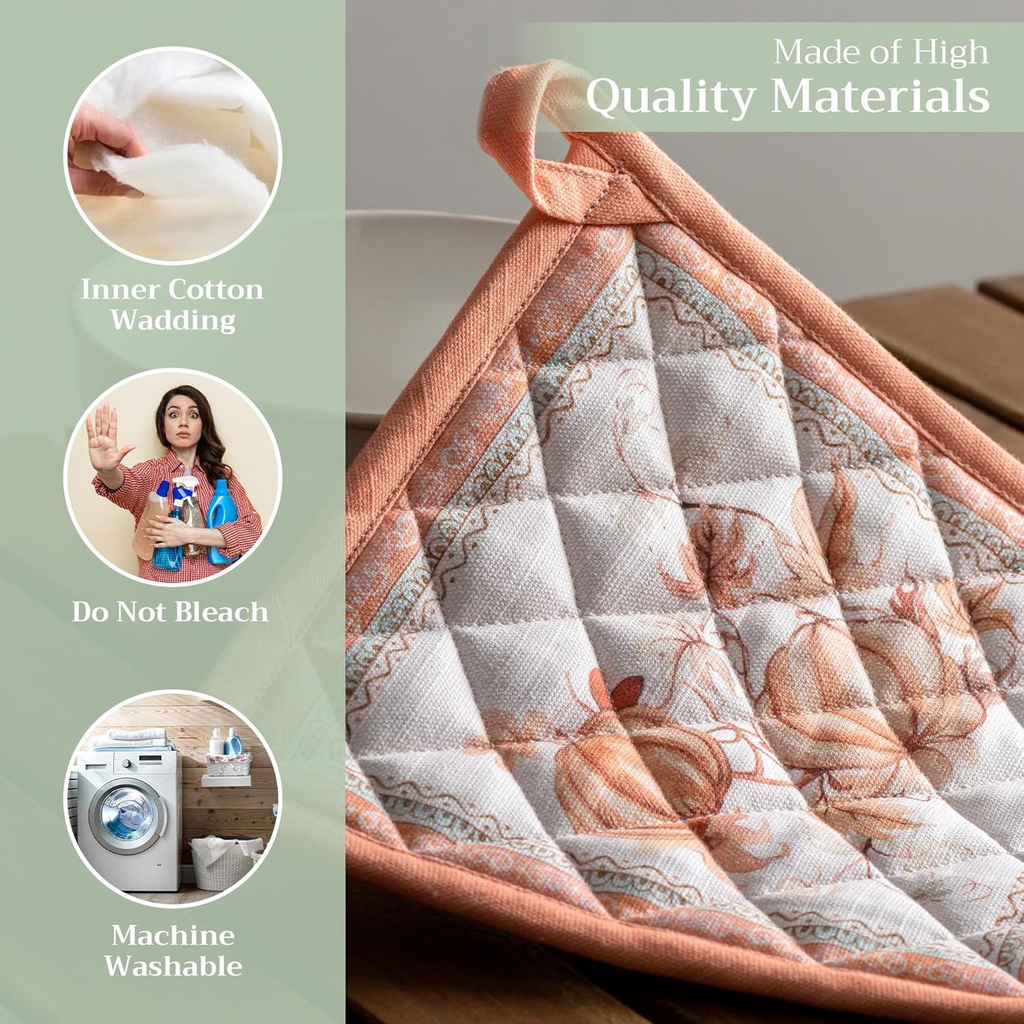 Maison d' Hermine Pot Holders Set 100% Cotton Heat Resistant Potholders 8" x 8" Hot Pads with Loop BBQ, Cooking, Baking, Grilling, Kitchen, Handling Hot Pans (Pack of 2, Giving Thanks)