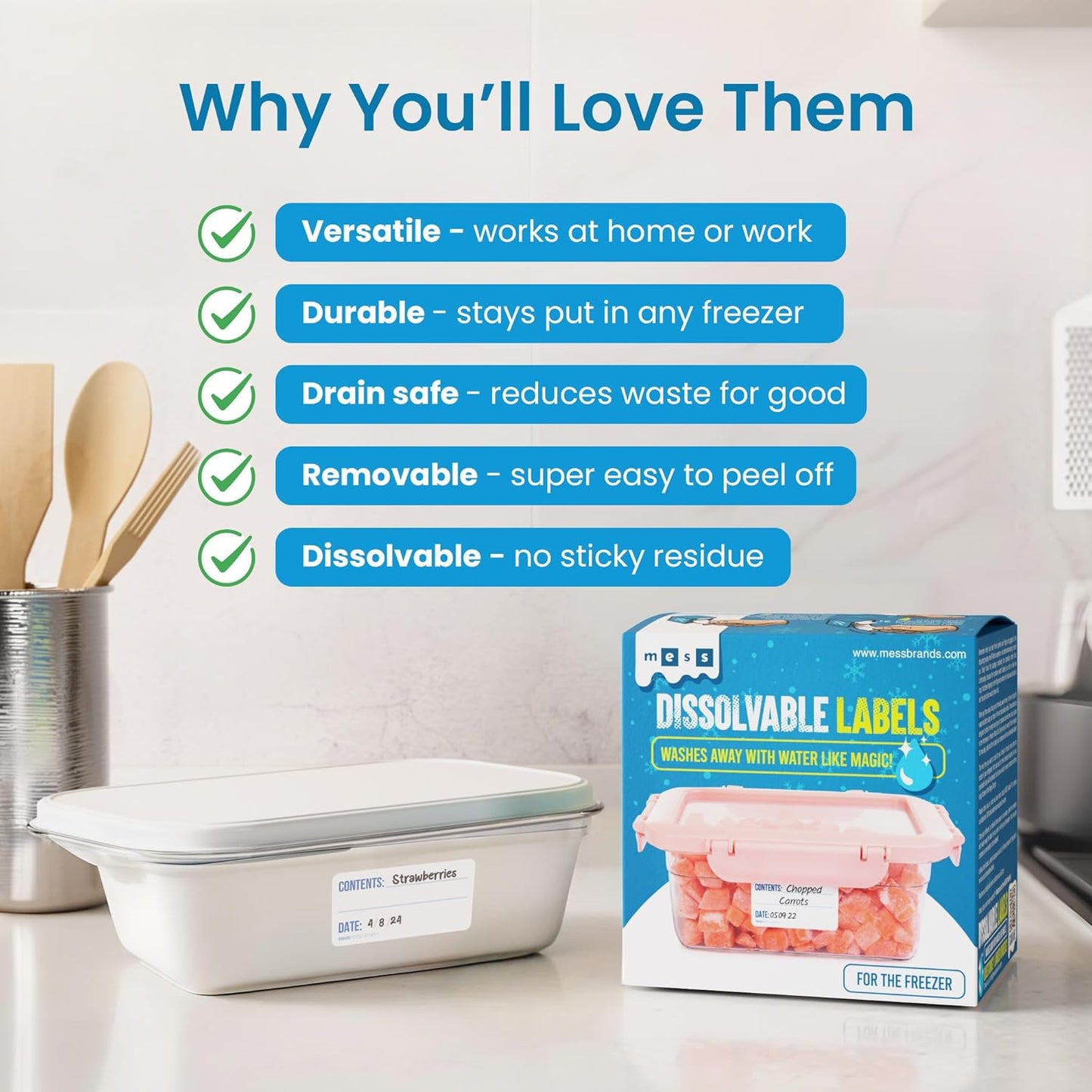 MESS Dissolvable Freezer Labels – 500-Pack – Removable Labels for Containers, Blank Food Storage Stickers, 1x2 in, Bottles, Jars & Freezer Use