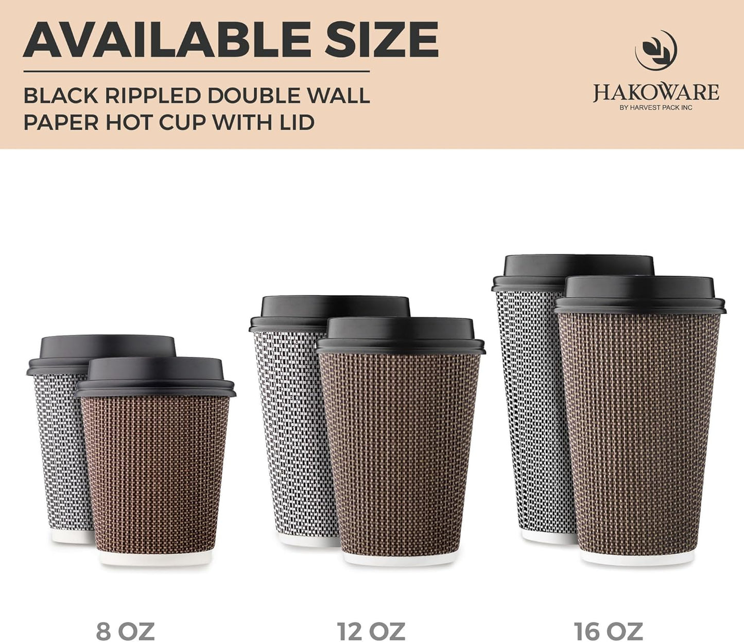 [100 SET]Harvest Pack 12 oz Disposable Coffee Cups, Insulated Ripple Double-Walled Paper Cups with Lids, Black and White Geometric, Drinking Cups for Tea Hot Chocolate Drinks To go coffee cups