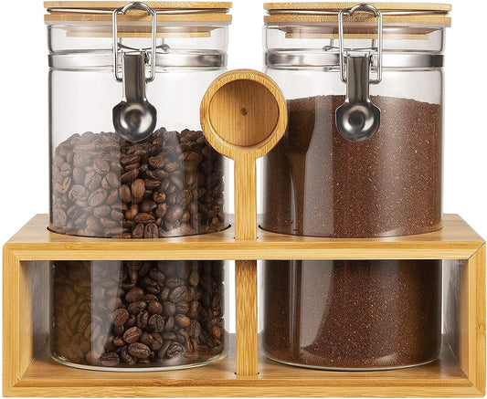 Yangbaga Ground Coffee Storage Container with Shelf, 2×45OZ Glass Coffee and Sugar Container Set, Coffee Canisters with Airtight Lids and Scoop, Food Storage Jars for Kitchen,Nuts,Tea,Sugar