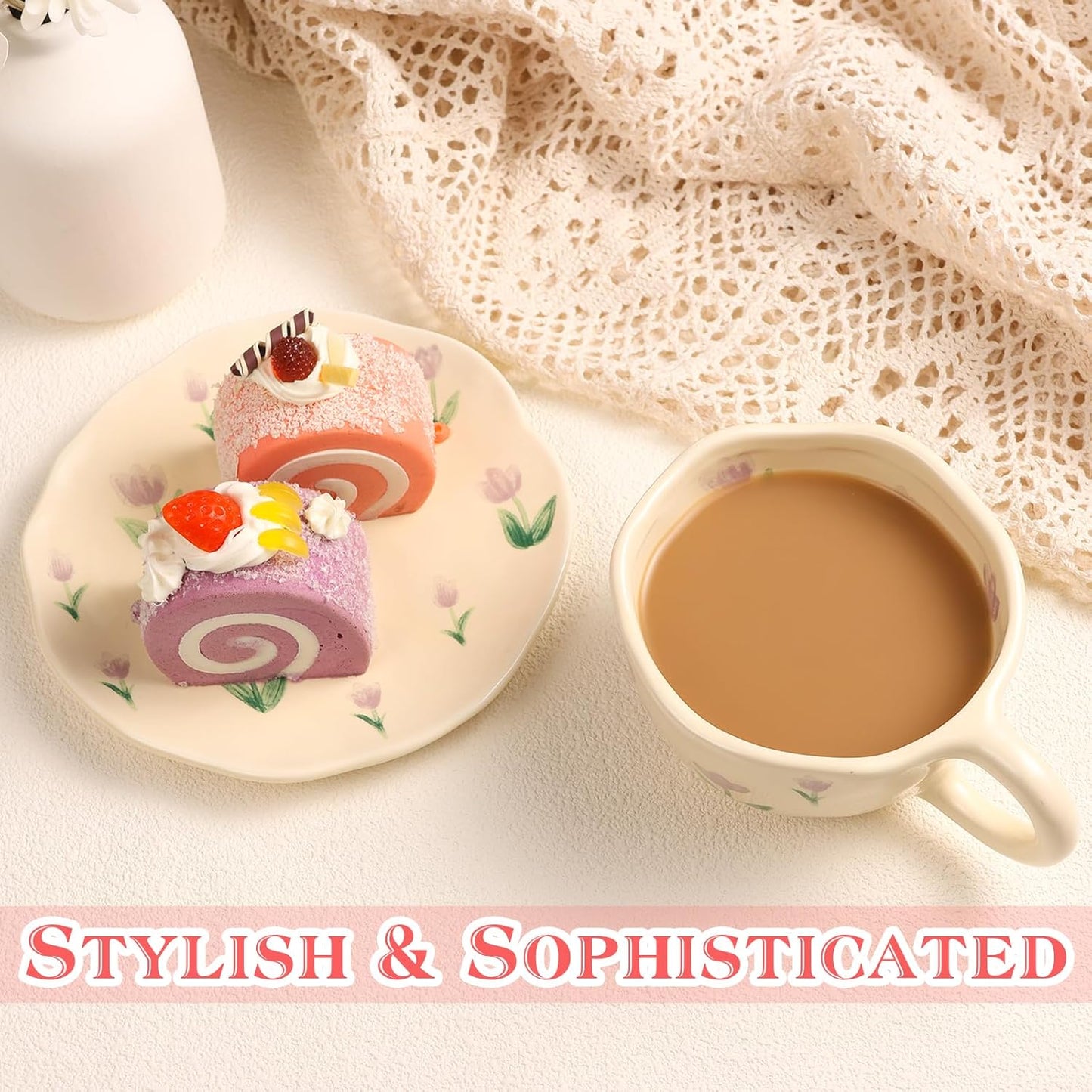 Cappuccino Cups with Saucers 8 oz Latte Art Cup Ceramics Coffee Mugs Irregular Aesthetic Flower Cups for Espresso, Double Shot, Americano, Latte, Tea - Microwave and Dishwasher Safe (Purple Tulips)