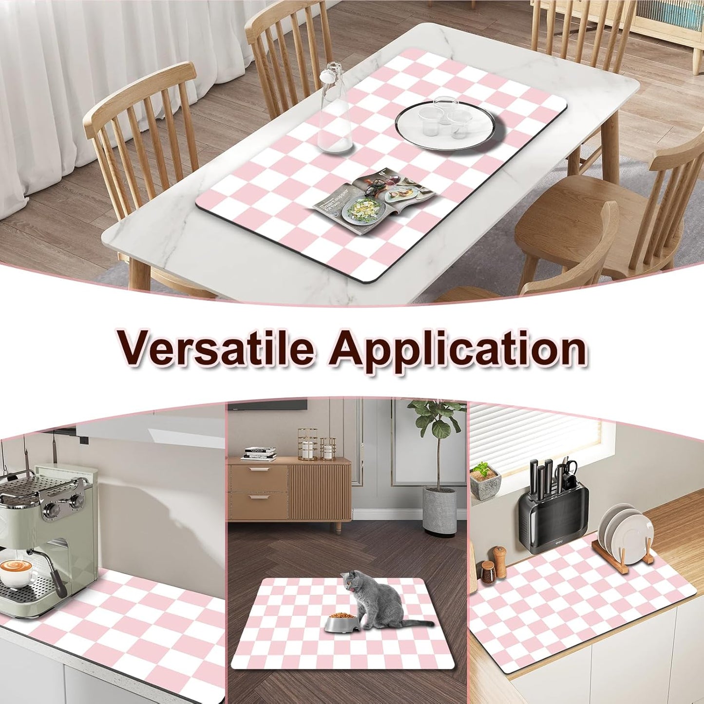 Dish Drying Mat for Kitchen, 15.7'' x 23.6'' Checkered Coffee Bar Mat for Countertops, Coffee Station Mat with Non-slip Rubber Backed, Absorbent Dish Dying Pat for Kitchen Counter, Pink & White