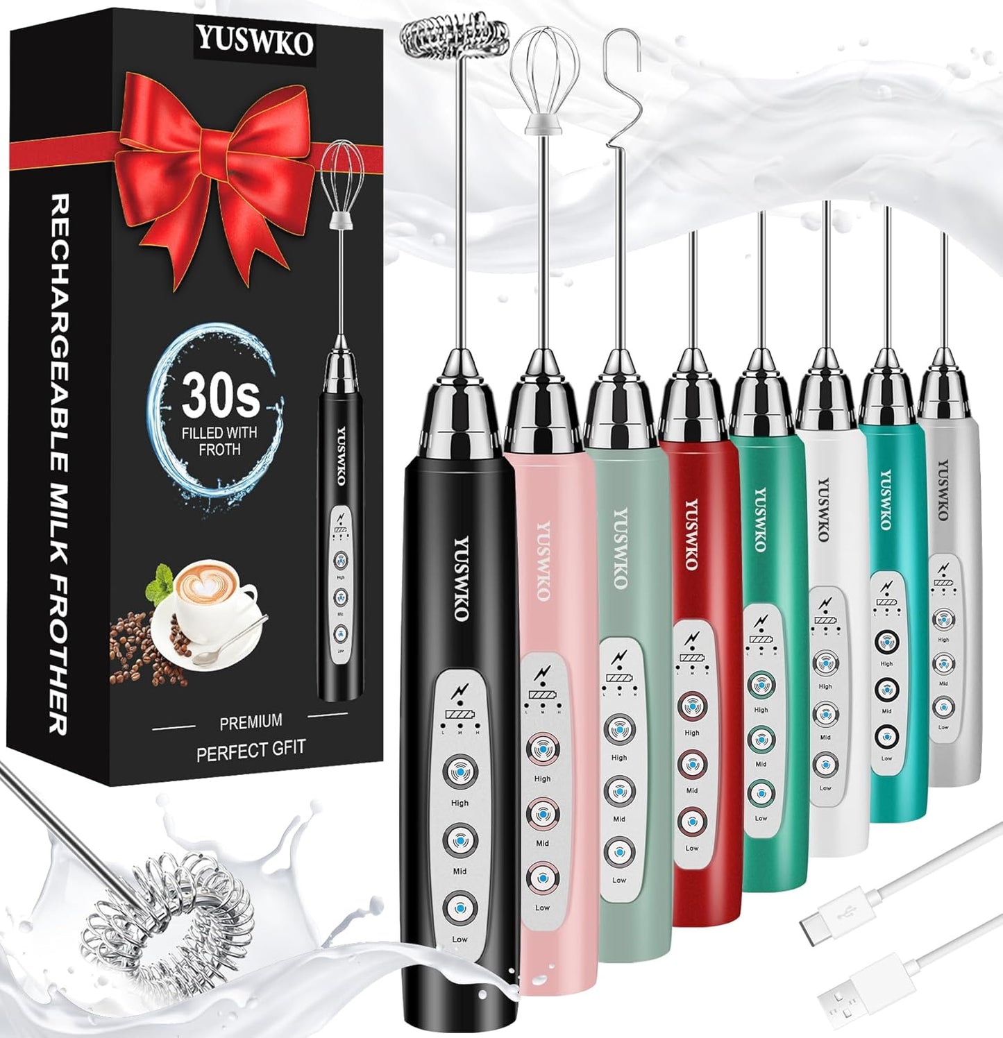 YUSWKO Milk Frother Handheld for Coffee, Rechargeable Drink Mixer with 3 Heads 3 Speeds Electric Coffee Frother Whisk, Gift for Many Occasions and Festival