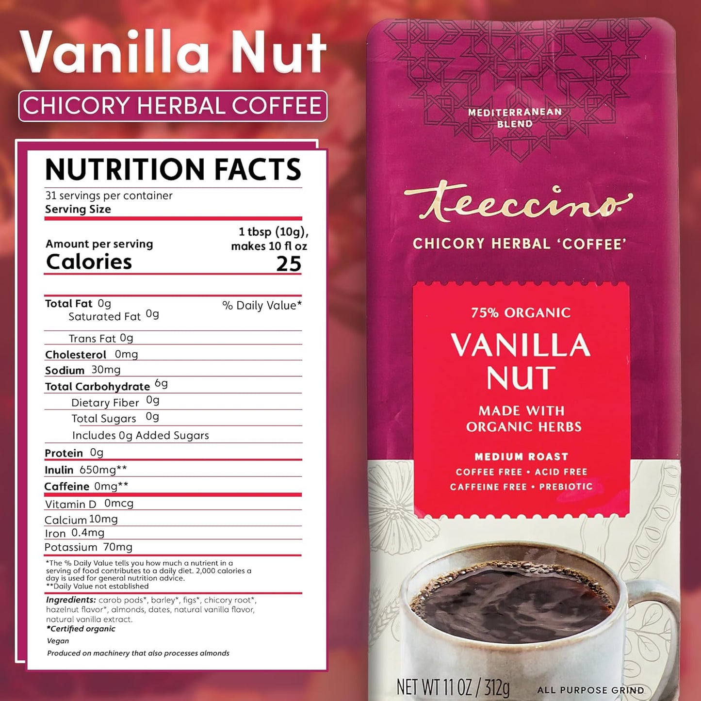 Teeccino Vanilla Nut Chicory Coffee Alternative - 11 Ounce - Ground Herbal Coffee That’s Prebiotic, Caffeine Free & Acid Free, Medium Roast
