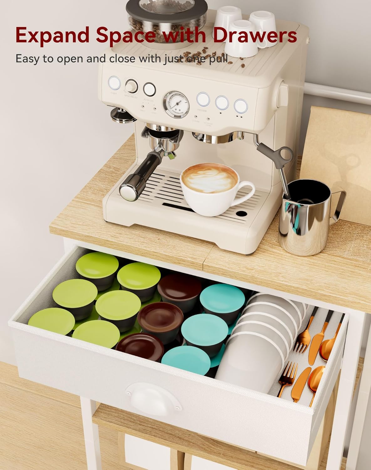 YMYNY 5 Tier Coffee Bar Station, Coffee Stand with Fabric Drawers, 8 S-Shaped Hooks, Corner Bar Cabinet, Height Adjustable, Bakers Rack for Kitchen, Living Room, Natural HBR009R