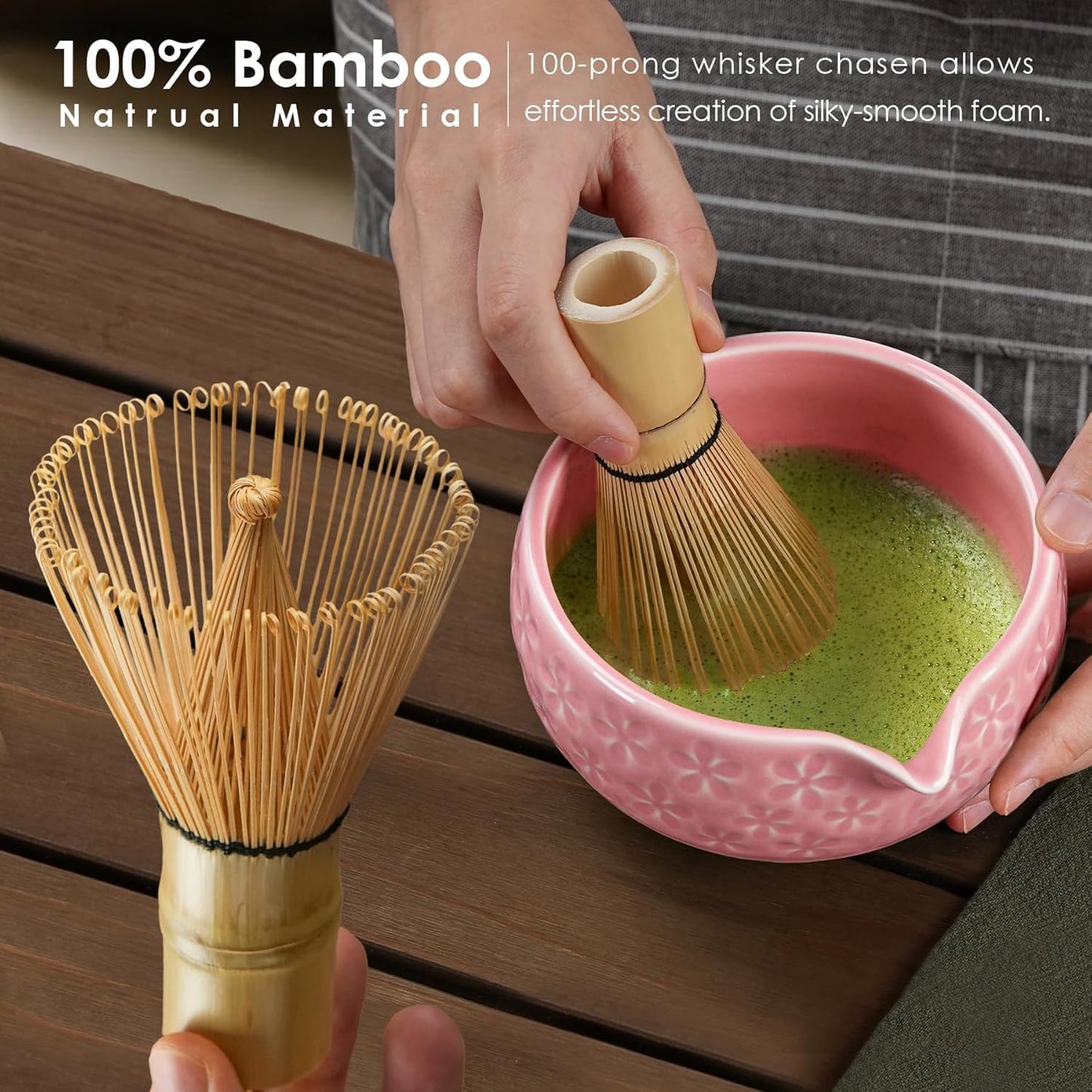 7Pcs Matcha Whisk Set, Ceramic Matcha Bowl with Spout, Bamboo Whisk and Holder, Bamboo Scoop, Scoop Rest, Sifter and Tea Towel, Matcha Kit with Cherry Blossom Carved Patterns for Matcha Lovers (Pink)
