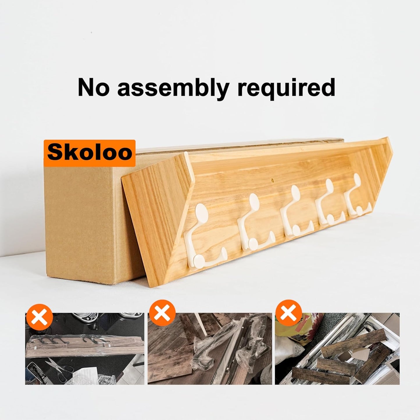 SKOLOO Wall Shelf with Hooks, 35-Inch Coat Rack Wall Mount with Shelf Organizer - Lightweight & Sturdy, 5 Tri Hooks - Perfect for Entryway, Hallway, Living Room, Bedroom, Mudroom, Natural & White