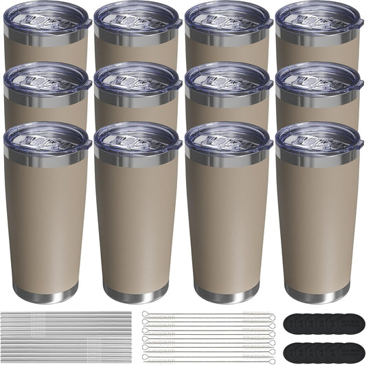 Travel Coffee Tumbler 20oz, 12 Pack Leakproof Travel Coffee Mug with Lid and Straw, Stainless Steel Double Wall Vacuum Insulated Tumbler for Hot/Iced Drinks (Textured Matte, Brown)