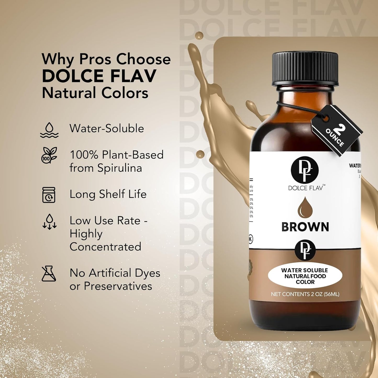 Dolce Flav Natural Brown Food Coloring – 2 oz Liquid Color from Class IV Caramel with Graduated Dropper | Water-Soluble | For Baking, Beverages & Sauces | Kosher | Made in USA
