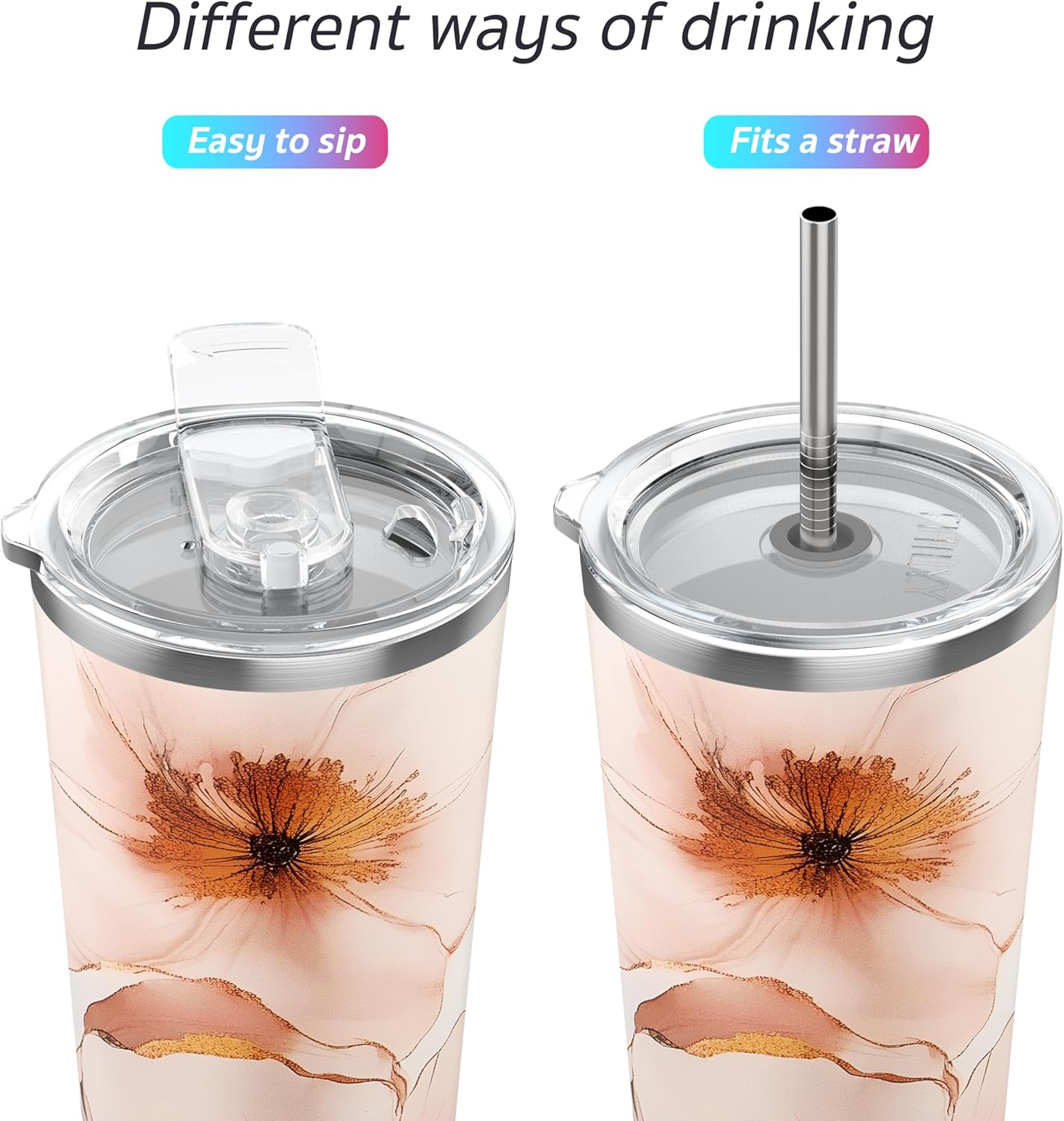 THILY Stainless Steel Vacuum Insulated Tumbler 26 oz Travel Mug Wide Mouth Coffee Cup with 2 Lids and Straws, Splash Proof, BPA Free, Keep Iced Drinks Cold, Golden Bloom Whispers
