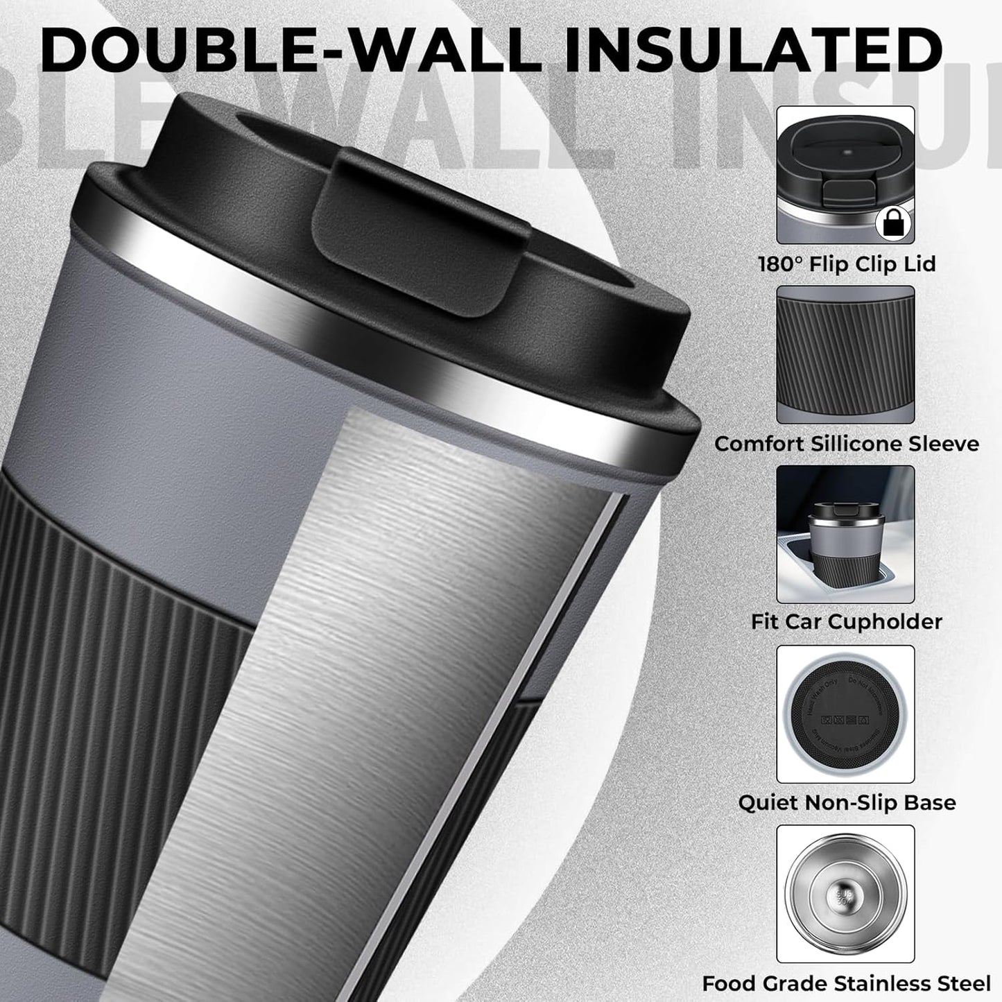 Insulated Coffee Tumbler 12 oz, Stainless Steel Coffee Mug with Lids, Travel Coffee Mug Leak Proof, Double Wall Vacuum Insulated Reusable Coffee Cup, Keep Drinks Hot and Cold (Gray, 12 Ounces)