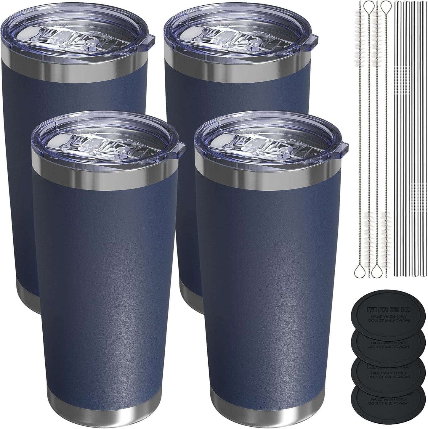 Travel Coffee Tumbler 20oz, 4 Pack Leakproof Travel Coffee Mug with Lid and Straw, Stainless Steel Double Wall Vacuum Insulated Tumbler for Hot/Iced Drinks (Textured Matte, Navy Blue)