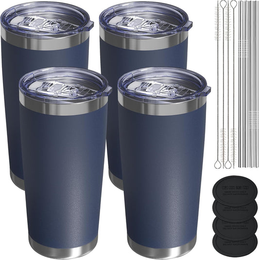 Travel Coffee Tumbler 20oz, 4 Pack Leakproof Travel Coffee Mug with Lid and Straw, Stainless Steel Double Wall Vacuum Insulated Tumbler for Hot/Iced Drinks (Textured Matte, Navy Blue)