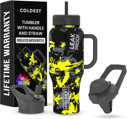 Coldest 40 oz Tumbler with Handle and Straw - 100% Leak Proof Insulated Tumbler with Lid and Straw (3 Lids) - Stainless Steel Tumblers for Women & Men - Cup Holder Friendly Base, 36 oz (Off Road)