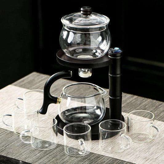 Glass Teapot Set with Infuser Semi Automatic Tea Set Magic Teapot (Bamboo - black)