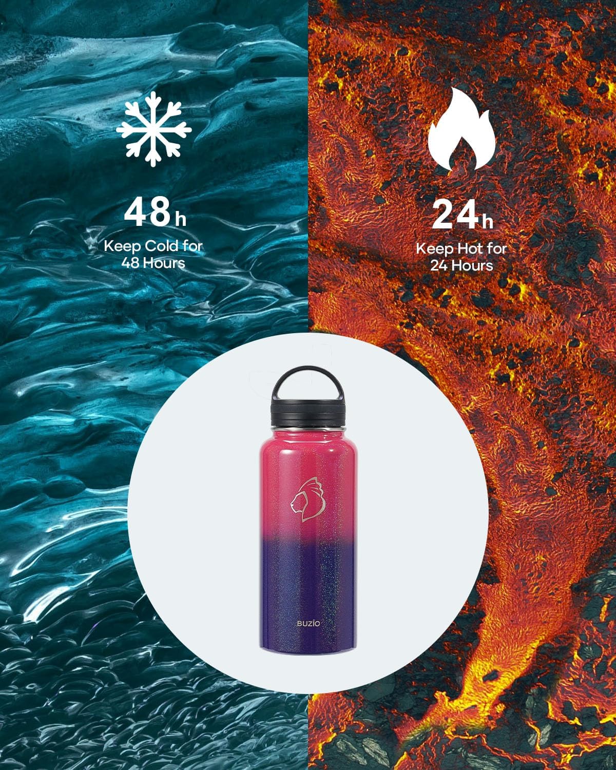 BUZIO 32 oz Water Bottle Insulated with Straw & 3 lid and Carrying Pouch, Leak Proof Anti-Slip Stainless Steel Water Flask Jug, Cold for 48 Hrs Double Vacuum Thermo Canteen, Pearlescent Red Black