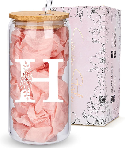 Personalized Gifts for Women, Monogrammed Glass Cups with Lids and Straws, Custom Tumbler, Cute Customized Mug, Aesthetic Stuff, Initial Iced Coffee Cup, Drinking Glasses, Birthday Teacher Gifts, H