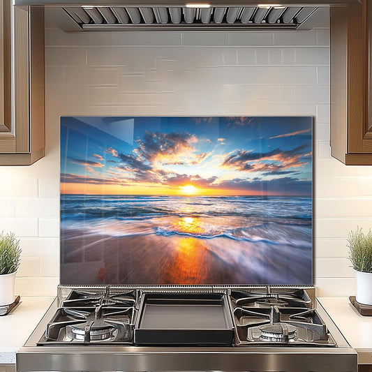 Tempered Glass Backsplash For Kitchen Behind Stove,Sea Beach Stove Backsplash Top Cover,Easy to Clean Glass Splashback, Sink Cover Splash Guard,Home Kitchen Wall Decor (30"x20"(76.2x50.8cm))