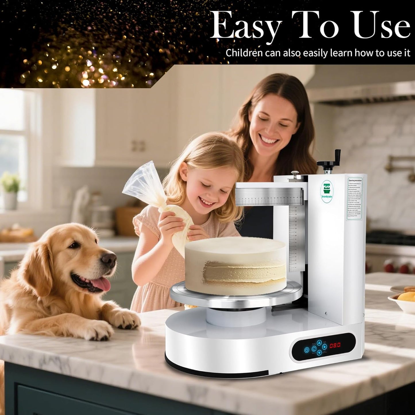 Cake Decorating Machine 4-12 Inch Cake Icing Frosting Smoother Decorating Low Noise 60-320 RPM 304 Stainless Steel Scraping for Stable Fast 110V Automatic for Butter Cream, 43LB