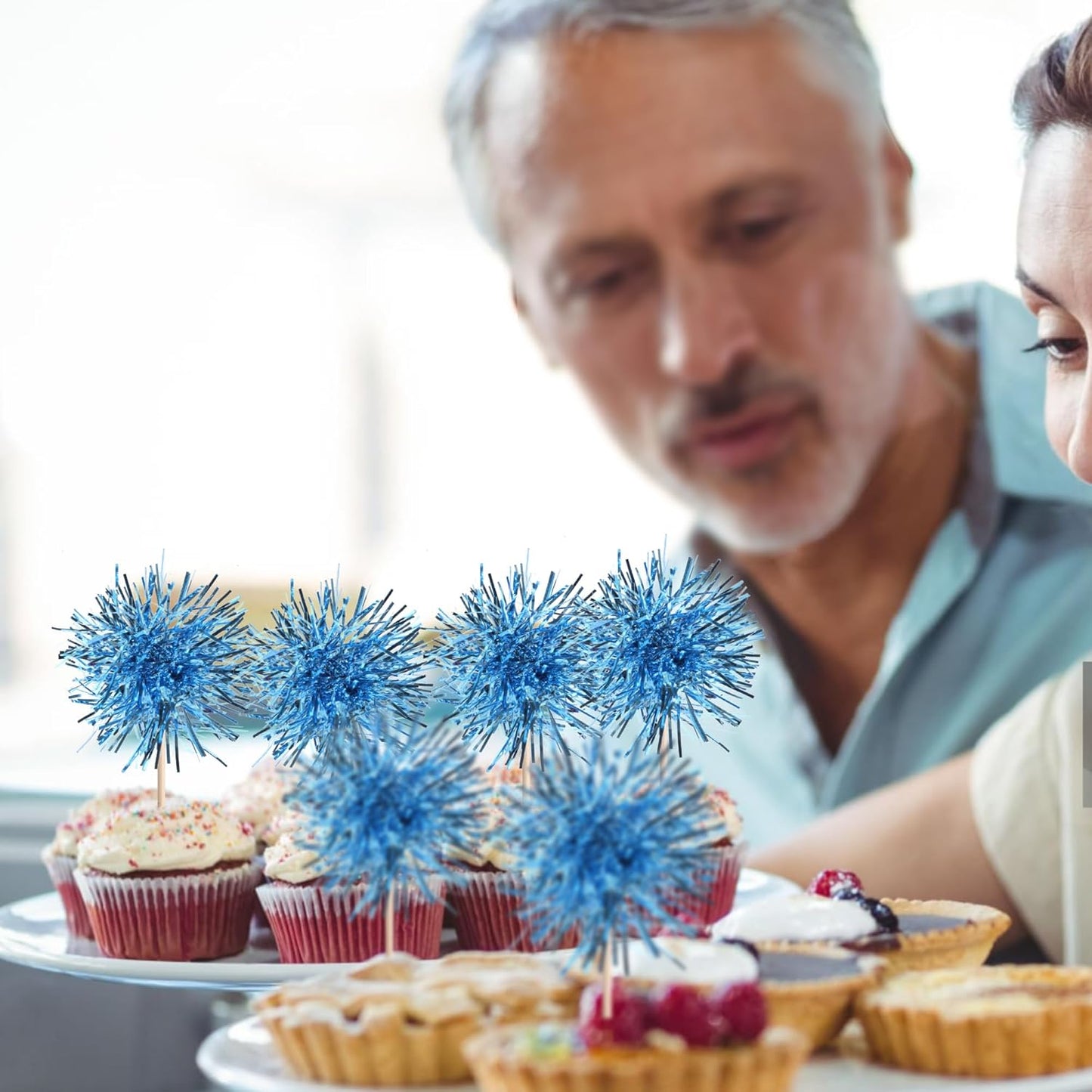 40 PCS Foil Firework Cupcake Toppers Light Blue Sparkler Cupcake Picks Sparkle Tinsel Fireworks Decorations Cocktail Fruit Toothpick for Firework Theme Birthday Wedding Graduation Party Decor Supplies