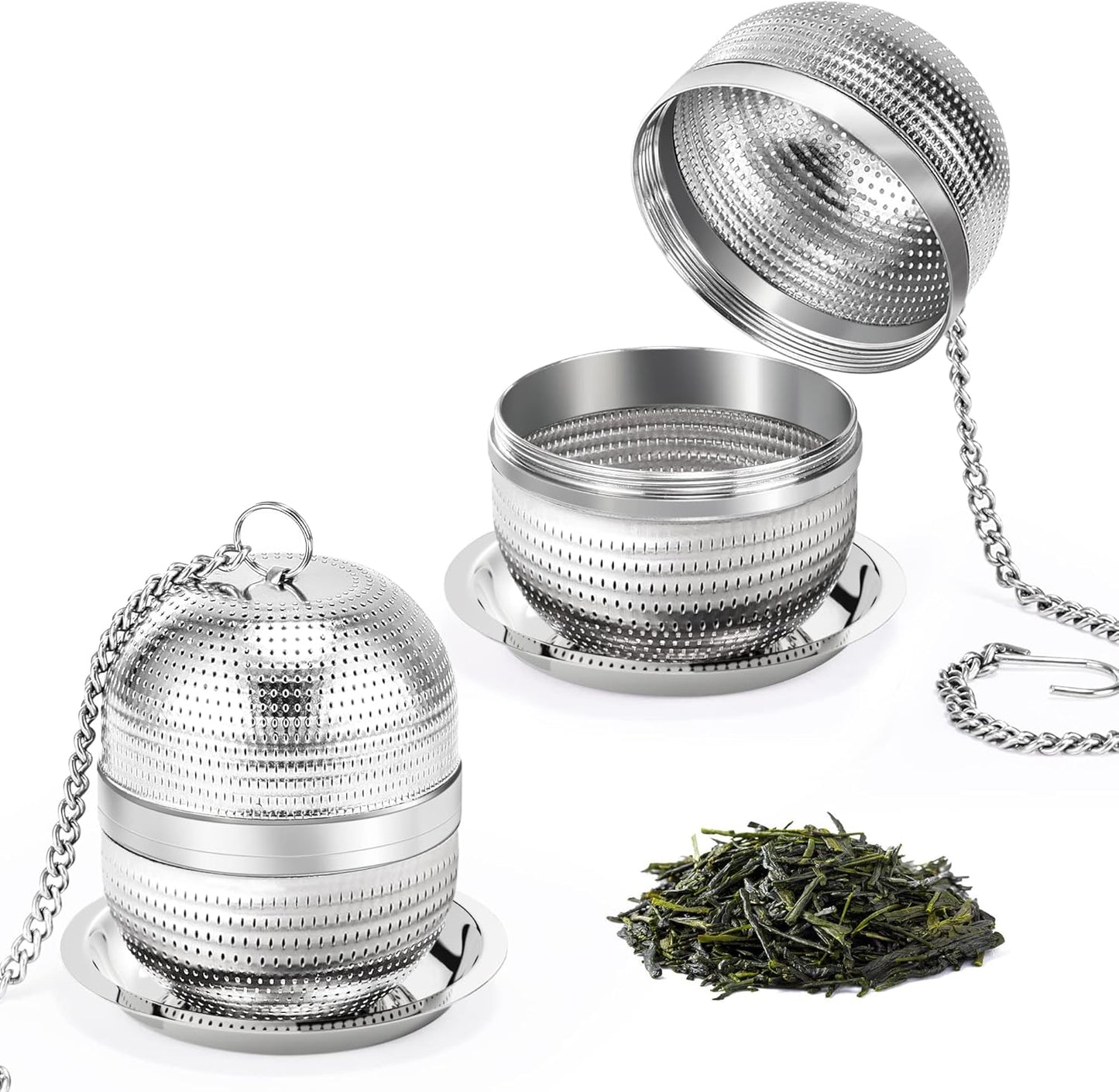 2 Pack Tea Infusers for Loose Tea, Extra Fine Mesh 18/8 Stainless Steel Tea Strainers, Loose Leaf Tea Steeper Tea Ball Tea Diffuser Tea Holder with Extended Chain Hook and Drip Tray