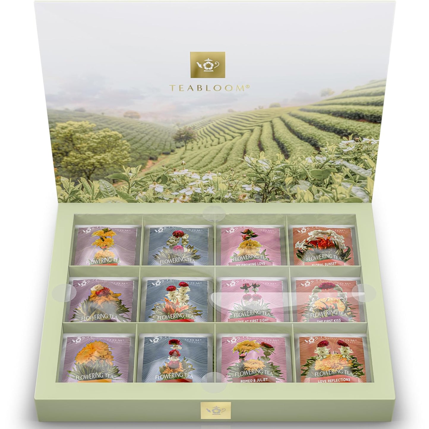 Teabloom Flowering Tea Chest - Curated Collection of 12 Gourmet Flowering Teas - Packaged in Beautiful Gift-Ready Tea Box