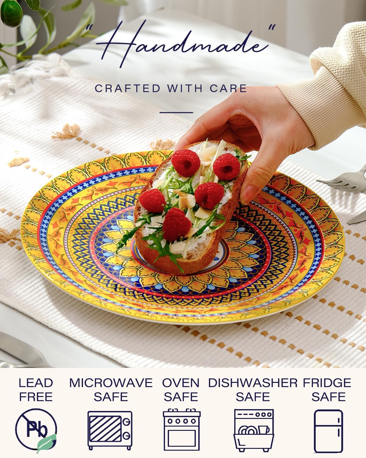 getstar Dinner Plates Set of 6, 10.5 Inch Ceramic Plates, Microwave, Oven and Dishwasher Safe, Colorful Bohemian Style Dishes for Kitchen